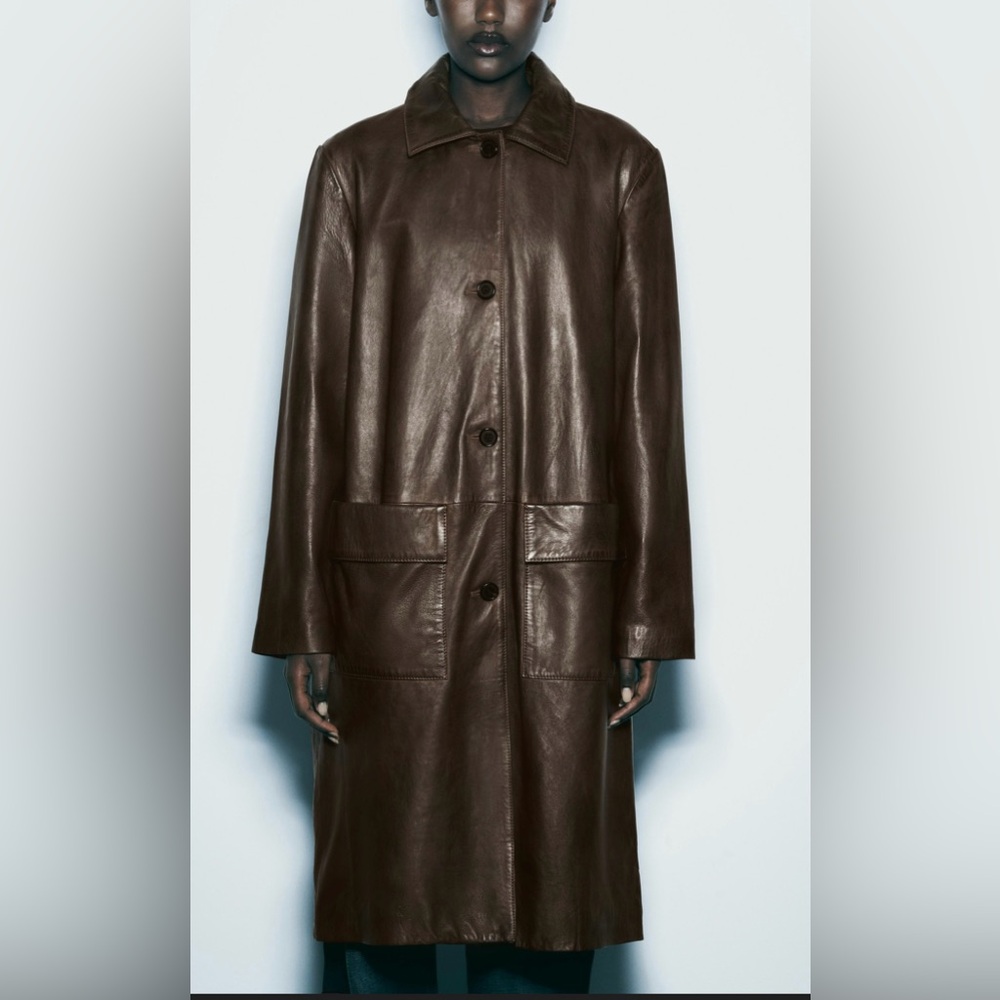 NWT Zara Olive- Brown Genuine Leather Long Trench Jacket Coat M